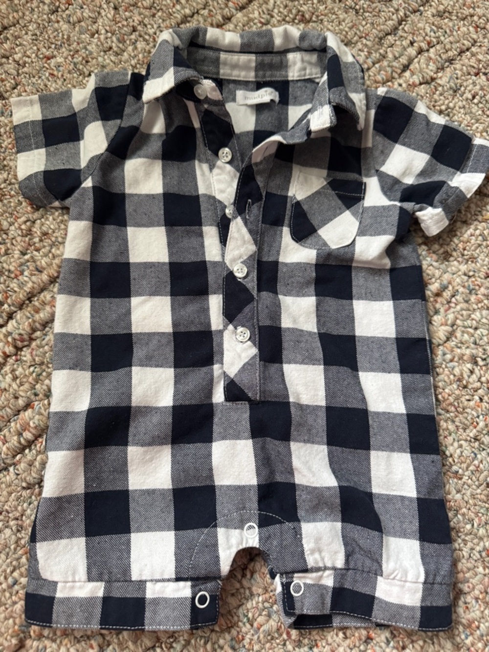 Mudpie Navy Blue and White Plaid cotton blend Baby Romper 9-12 months